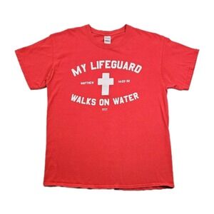 Kerusso Jesus My Lifeguard Walks On Water T Shirt Mens L Red White Christian